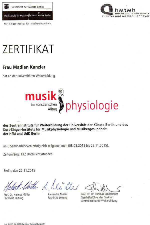 Zertifikat - Musikphysiologie